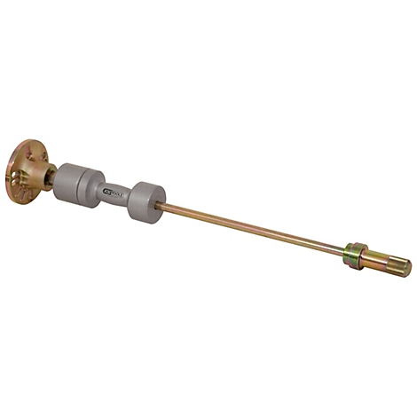 Ein Werkzeug aus Metall mit Stiel, zwei runden Elementen und einer runden, gelben Platte.